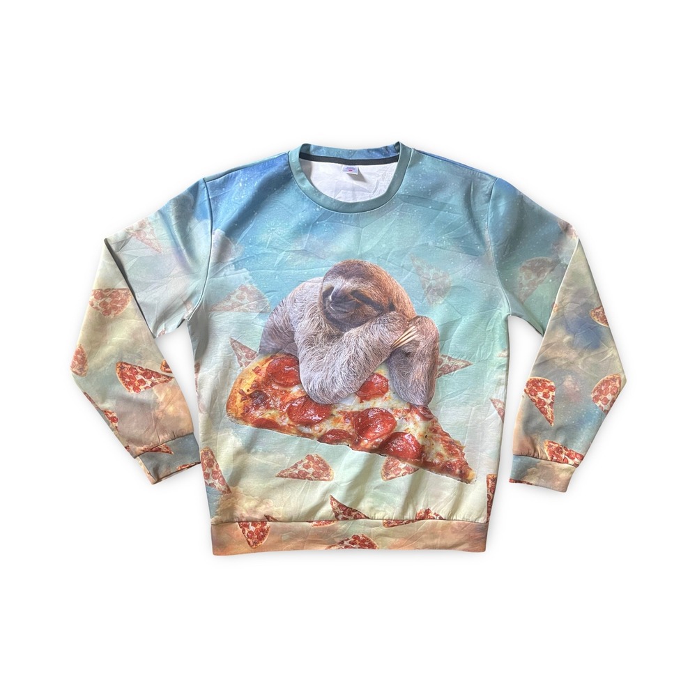 Sloth Laying on a Slice of Pizza Pullover Crew Neck Sweatshirt XXL 2XL Unisex